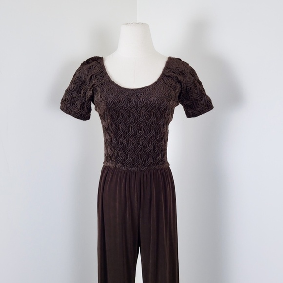 Vintage jumpsuit brown wide leg loose t-shirt bodycon fit flare scoop neckline - Picture 2 of 14